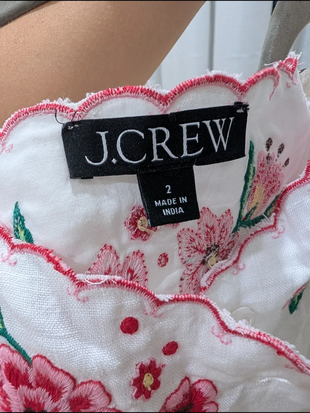 J.Crew Linen White Floral Embroidered Button-down with Pink And Green Accents